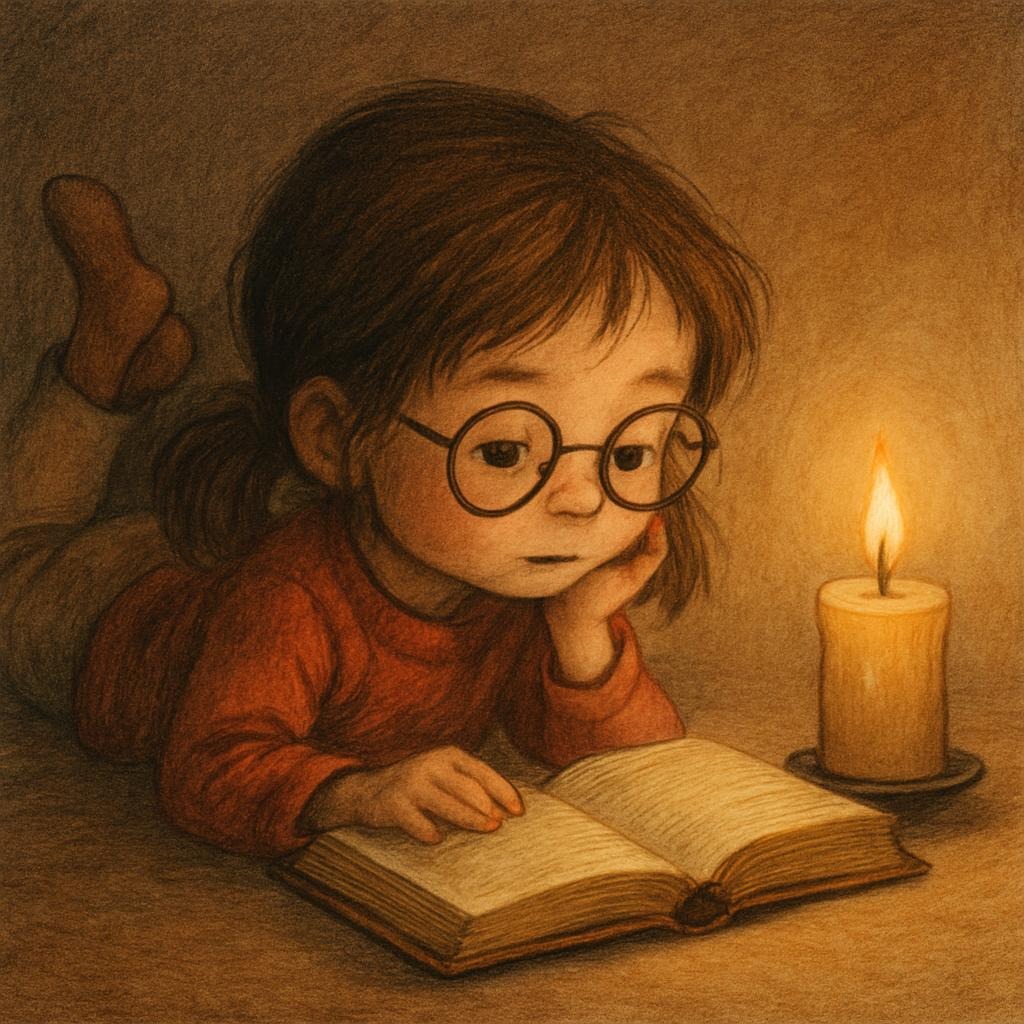 knihomolka ktora cita knihu pri sviecke